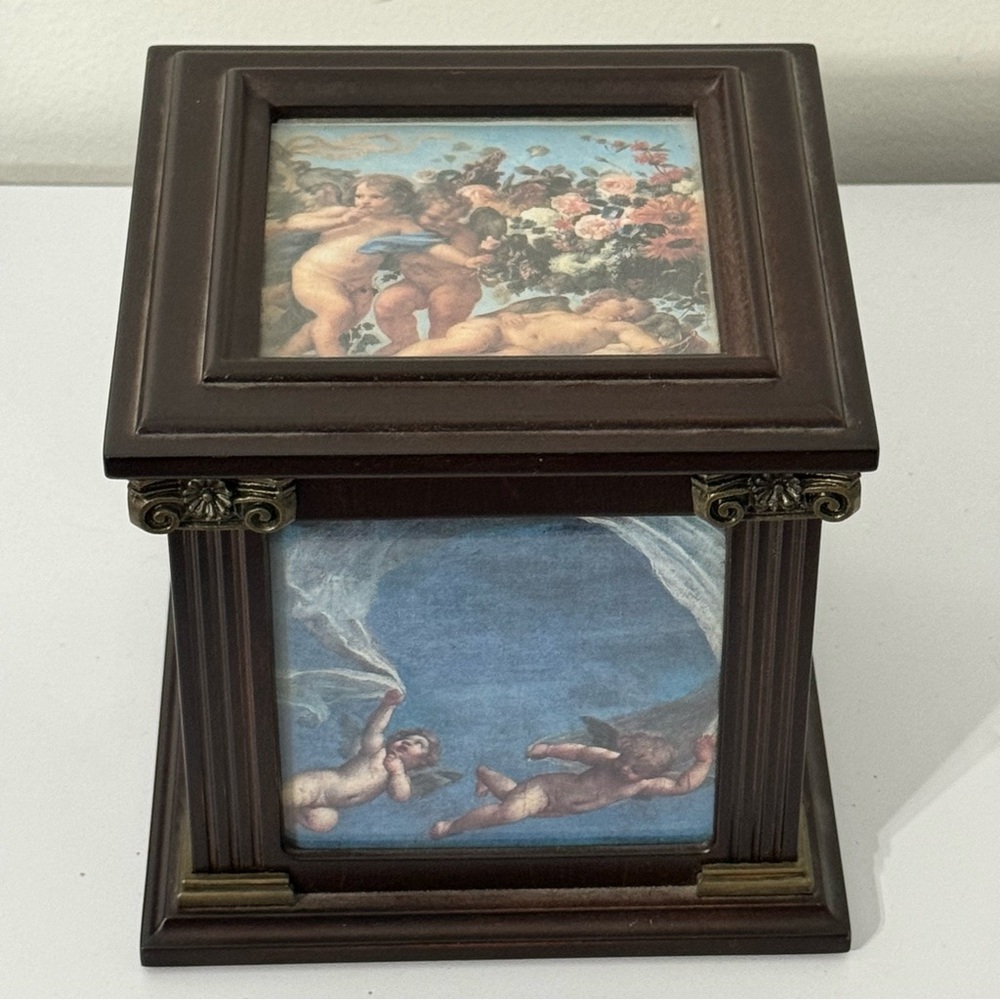 Vintage Bombay Wood Picture Keepsake Jewelry Desk Organizer Cube Chest